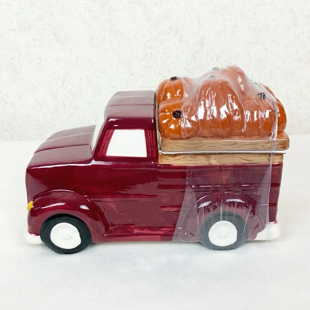 Fall Red Truck Cookie Jar Ceramic Retro Style Harvest Thanksgiving Farmhouse